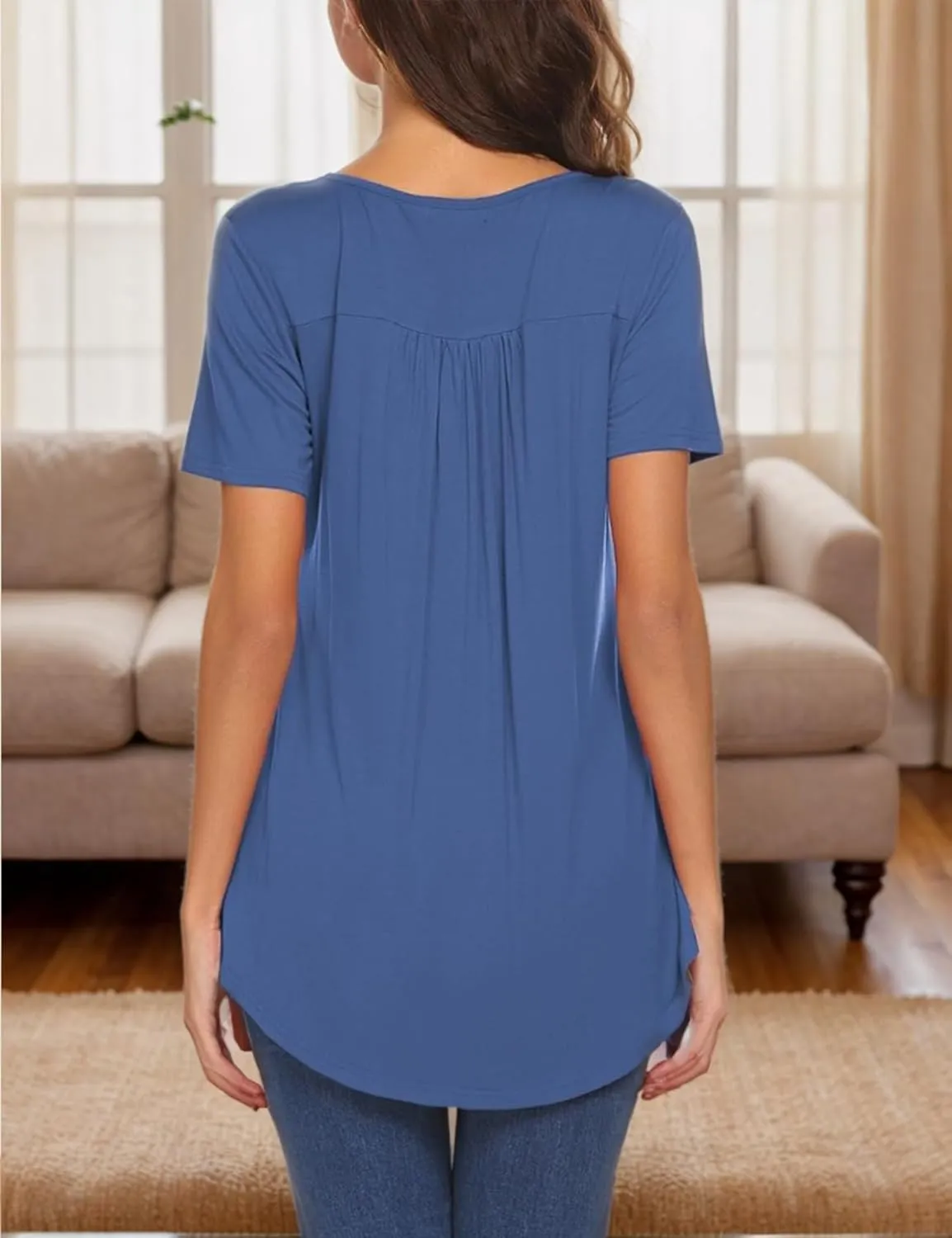 Halife Women's Casual Long Sleeve Henley V-Neck Shirt Loose Fit Pleated Tunic Blouse Tops