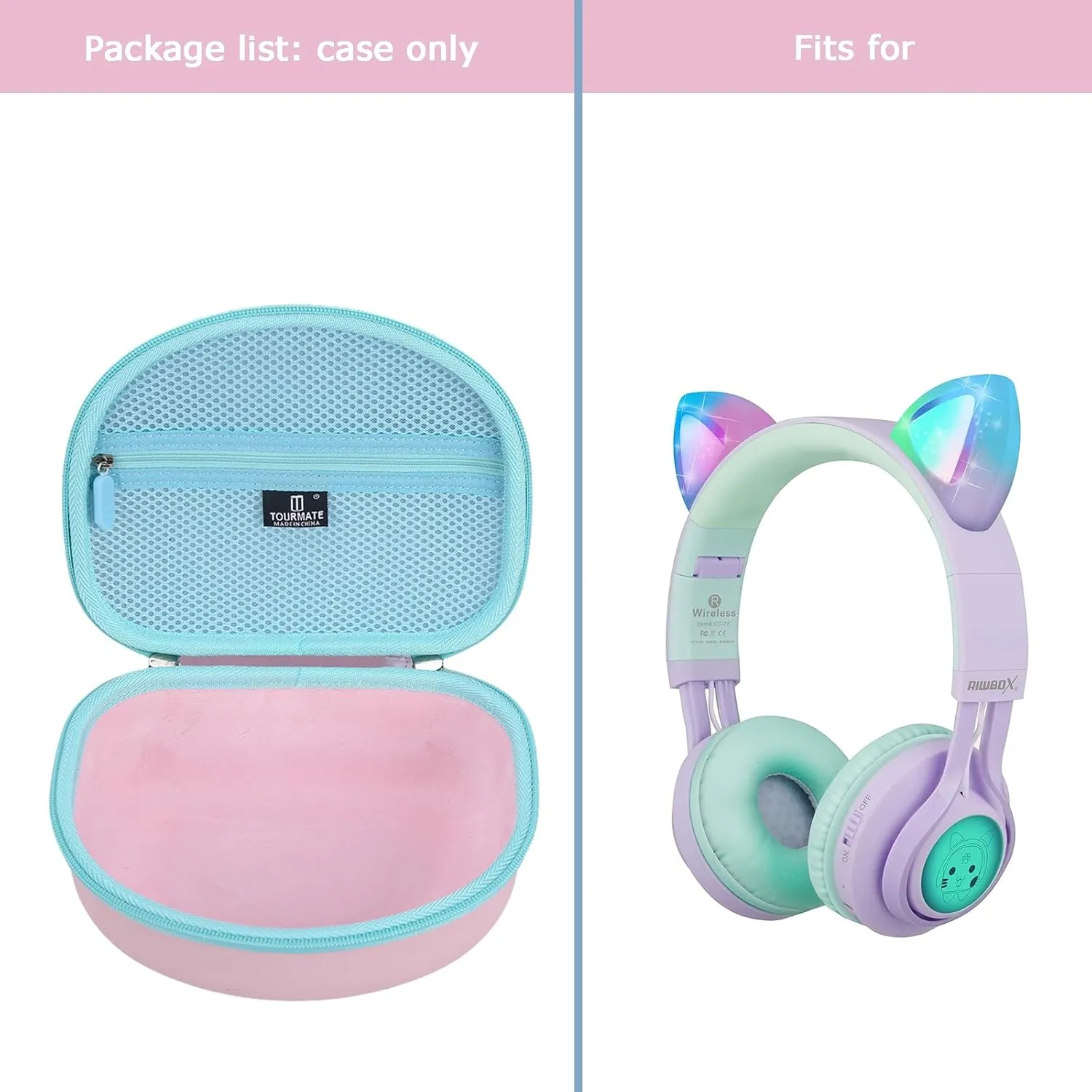 Hard Travel Case for Riwbox CT-7 / CT-7S Cat Ear LED Light Kids Wireless Headphones, Protective Carrying Storage Bag (Pink&Cyan)