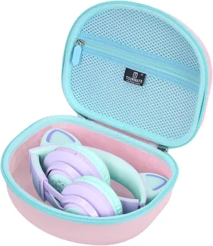 Hard Travel Case for Riwbox CT-7 / CT-7S Cat Ear LED Light Kids Wireless Headphones, Protective Carrying Storage Bag (Pink&Cyan)