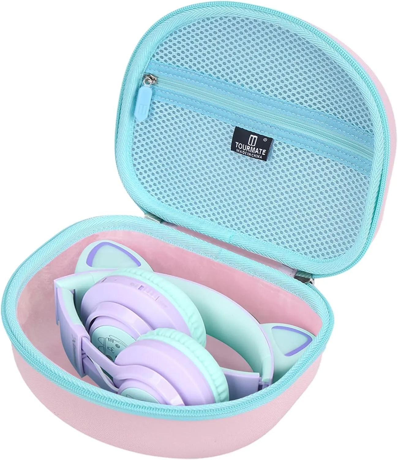 Hard Travel Case for Riwbox CT-7 / CT-7S Cat Ear LED Light Kids Wireless Headphones, Protective Carrying Storage Bag (Pink&Cyan)