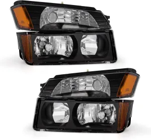 Headlight Assembly for 2002 2003 2004 2005 2006 Chevy Avalanche 1500 2500 Fits Body Cladding Models with Black Housing Amber Reflector Passenger and Driver Side