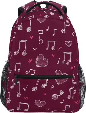 Hearts Music Notes School Kids Backpack for Boys Girls Laptop Backpack Lightweight Travel Bag for Women Men