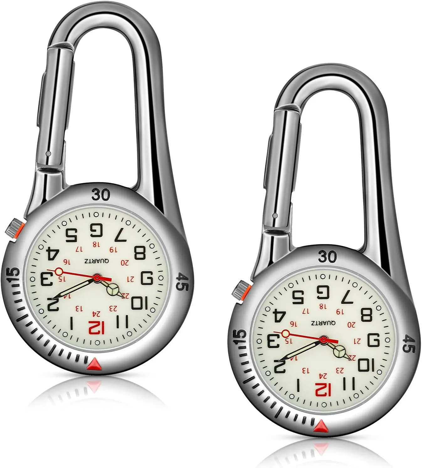 Hicarer 2 Pieces Clip on Quartz Watch Backpack Fob Belt Glow in The Dark Unisex Pocket Watch with White Dial for Doctors Nurses Outdoor Activities