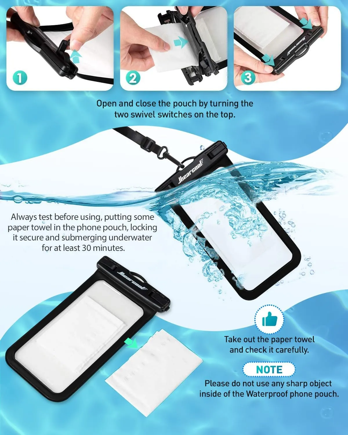 Hiearcool Waterproof Phone Pouch, Universal Case Compatible for iPhone 16 15 14 13 Pro Max Plus Up to 8.3", IPX8 Beach Travel Essentials-Black-2 Pack