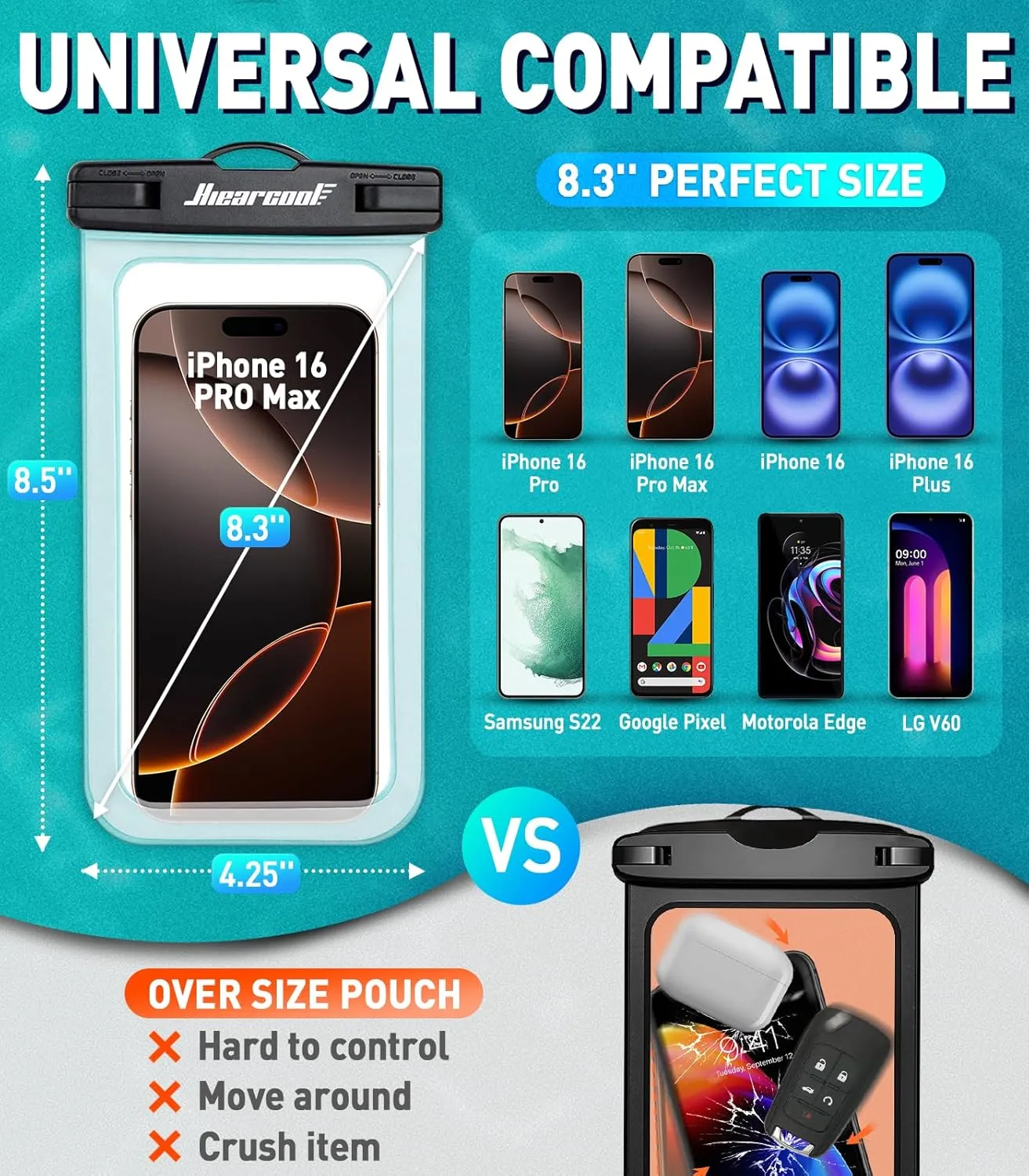 Hiearcool Waterproof Phone Pouch, Waterproof Beach Bag Compatible for iPhone 16 15 14 13 Pro Max Up to 8.3", IPX8 Cellphone Kayak Accessories, Travel Essentials for Beach -Clear-2Pack