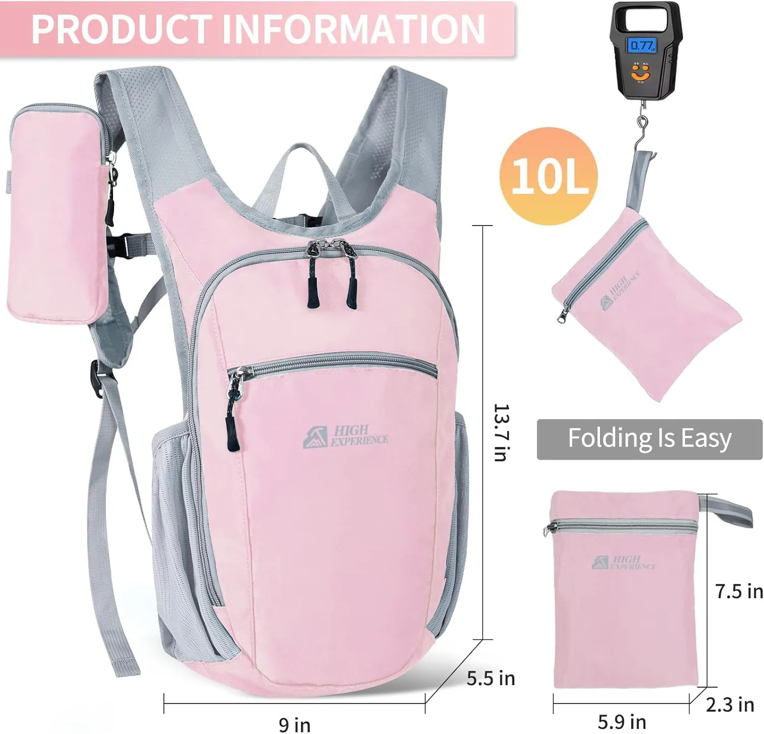 Hiking Backpack 10L/15L Small Daypack Lightweight Packable Travel Foldable Water Resistan for Women Men (Pink, 10L)