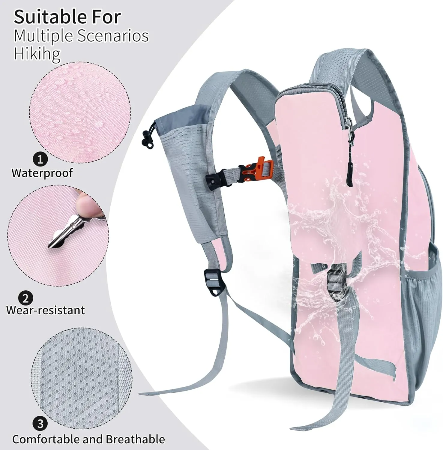 Hiking Backpack 10L/15L Small Daypack Lightweight Packable Travel Foldable Water Resistan for Women Men (Pink, 10L)