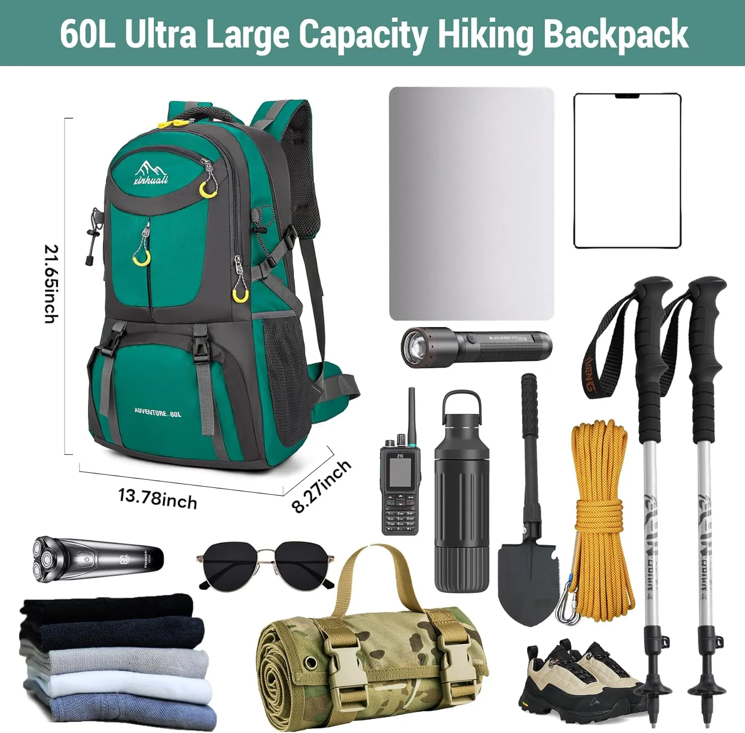 Hiking Backpack, 60L Large Camping Backpack Waterproof for Travel, Lightweight Day pack for Men Women, Green