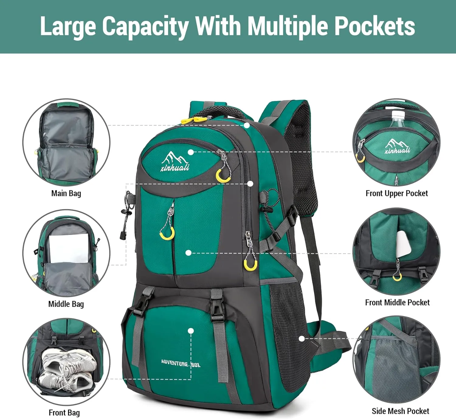 Hiking Backpack, 60L Large Camping Backpack Waterproof for Travel, Lightweight Day pack for Men Women, Green