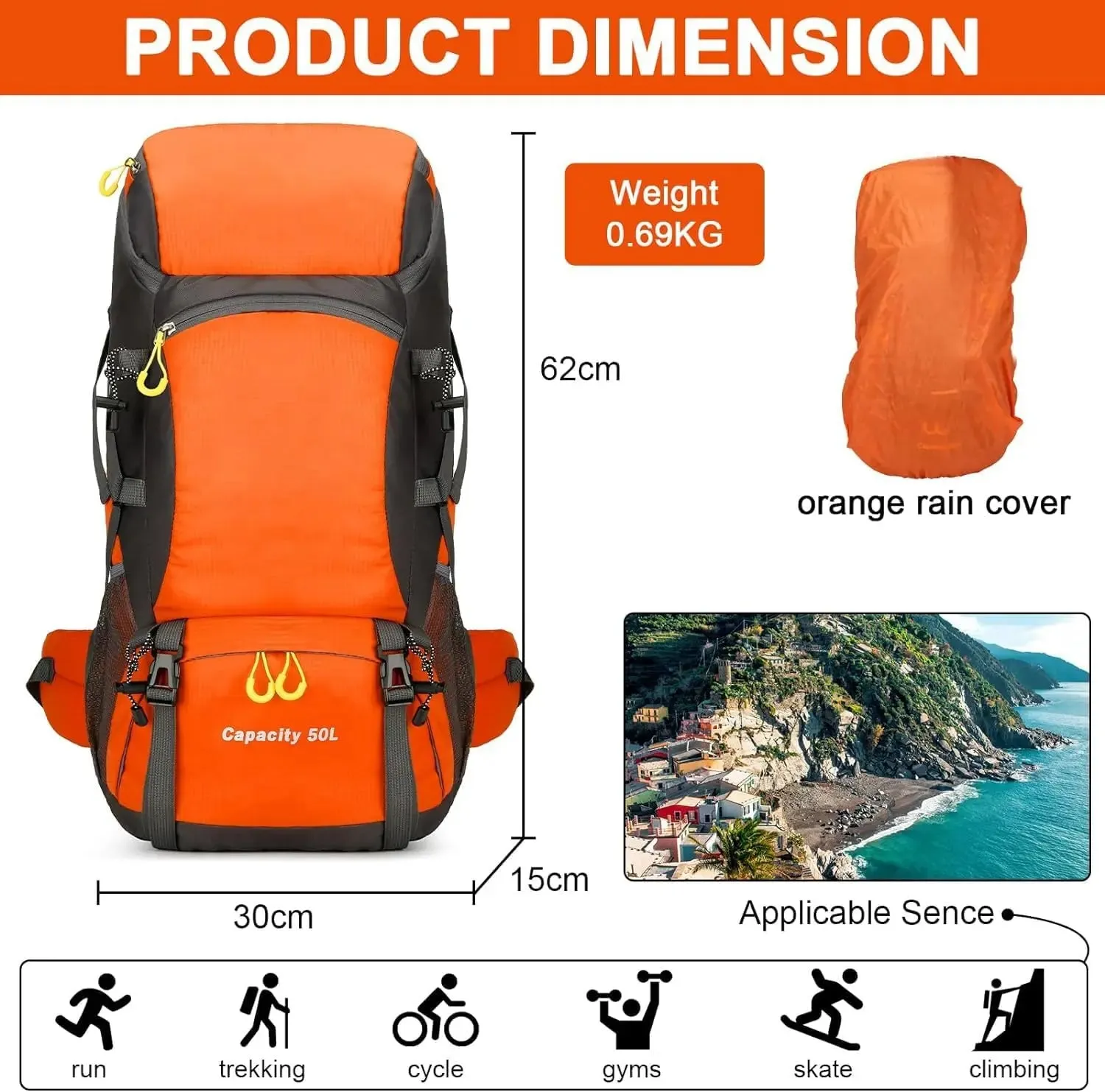 Hiking Backpack Waterproof 50L Lightweight