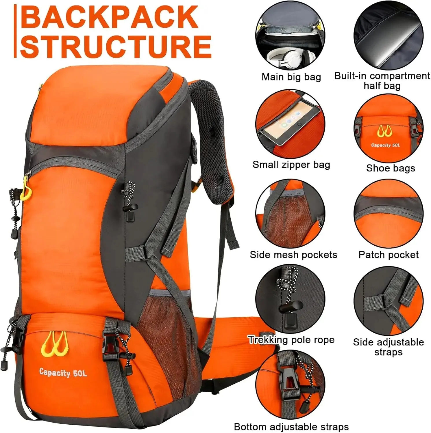 Hiking Backpack Waterproof 50L Lightweight