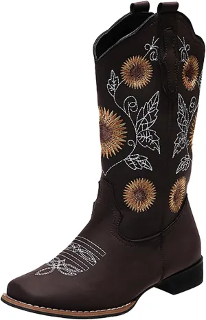 HINDOLA Women's Mid Boots Slip-on Classic Cowboy Rider Boots Chunky Heel Floral Embroidered Western Cowgirl Boots