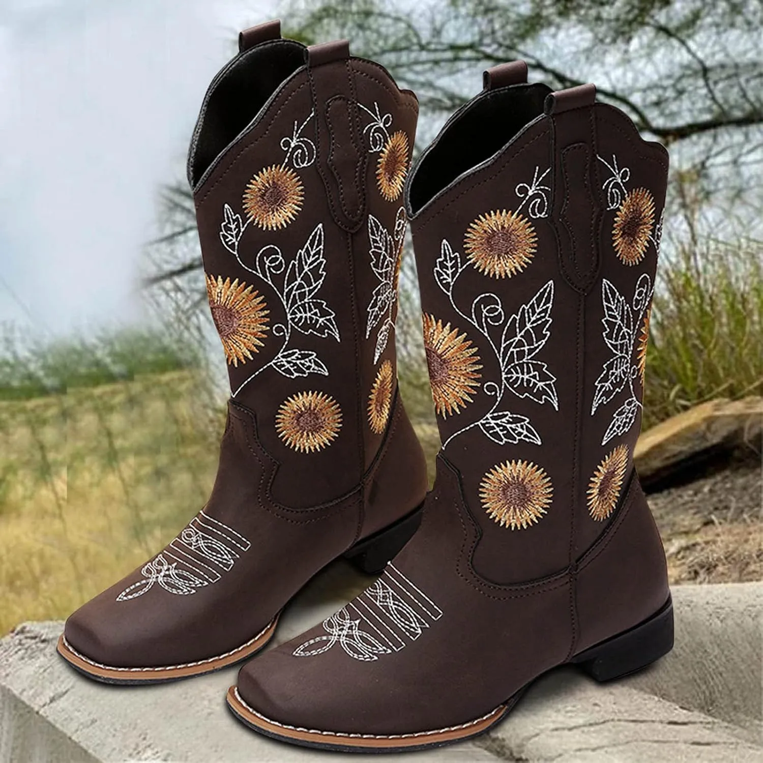 HINDOLA Women's Mid Boots Slip-on Classic Cowboy Rider Boots Chunky Heel Floral Embroidered Western Cowgirl Boots