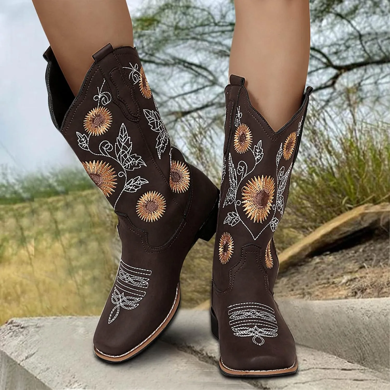 HINDOLA Women's Mid Boots Slip-on Classic Cowboy Rider Boots Chunky Heel Floral Embroidered Western Cowgirl Boots