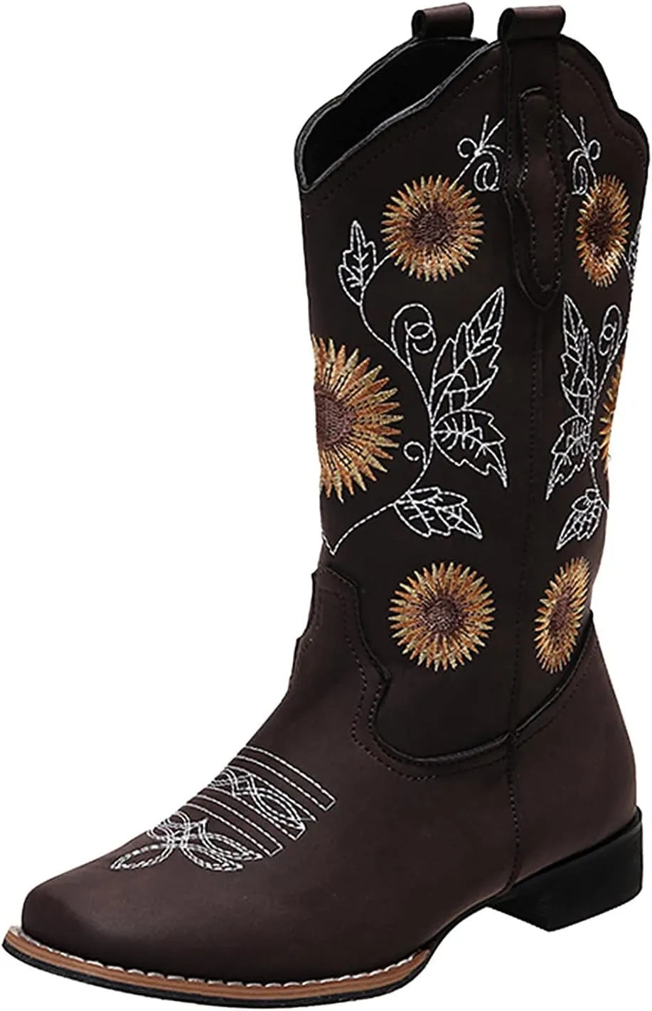 HINDOLA Women's Mid Boots Slip-on Classic Cowboy Rider Boots Chunky Heel Floral Embroidered Western Cowgirl Boots