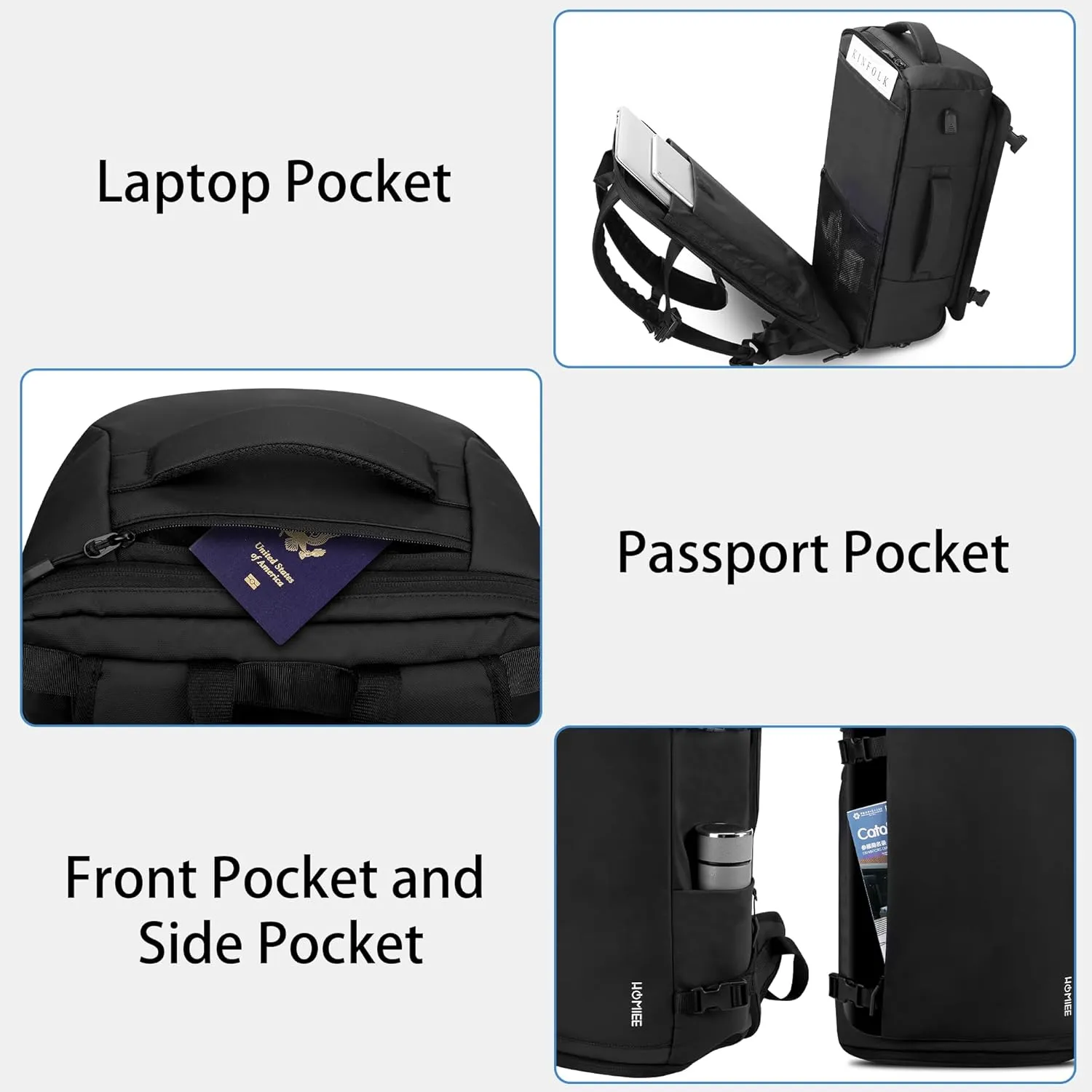 HOMIEE Travel Backpack 40L TSA Friendly Flight Approved Carry-on Luggage, Waterproof Business Computer Backpack Fits 17.3 Inch Laptop, Extra Large Weekender Bag with Shoe Compartment, Black