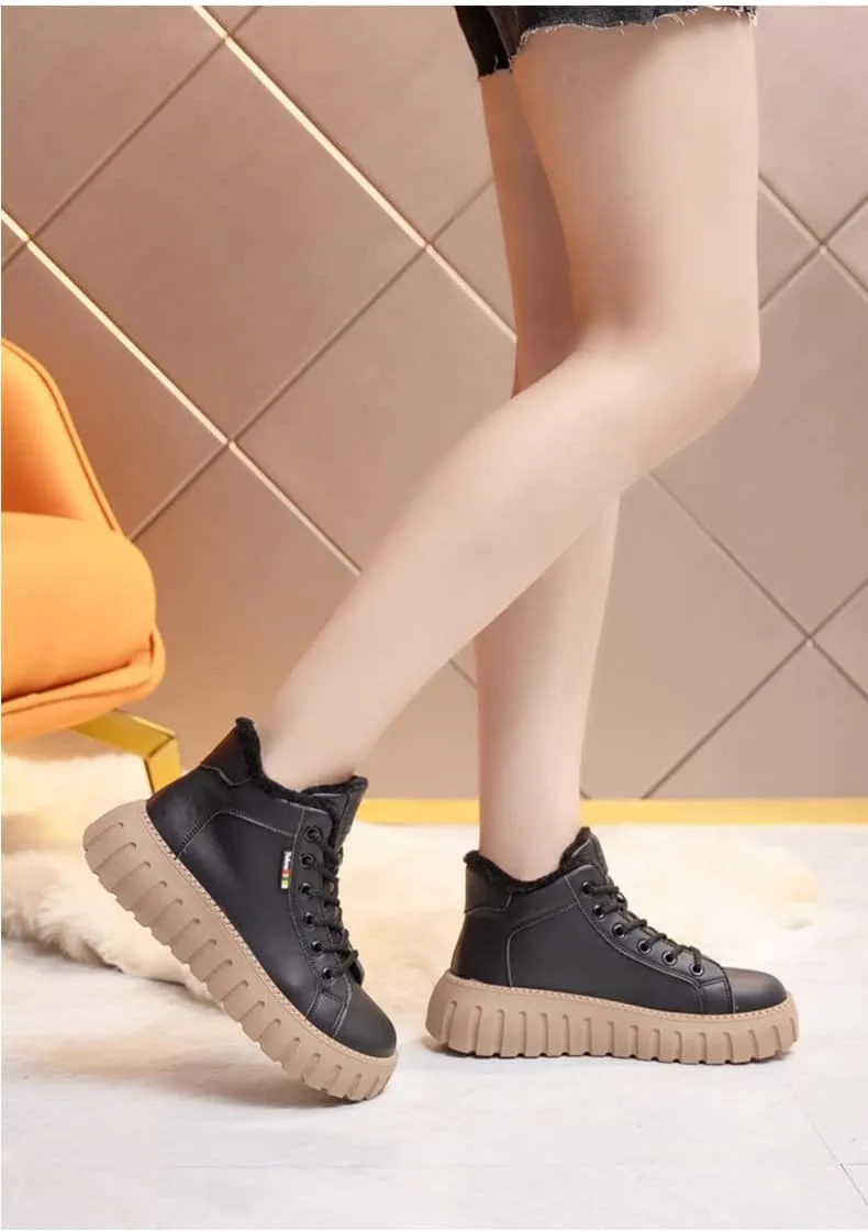 Hopomart Women's Thick Soled High Top Casual Shoes,Cozy Thermal Fur Lining Non-slip Fashion Boot,Lace Up Sneakers Ankle Boots