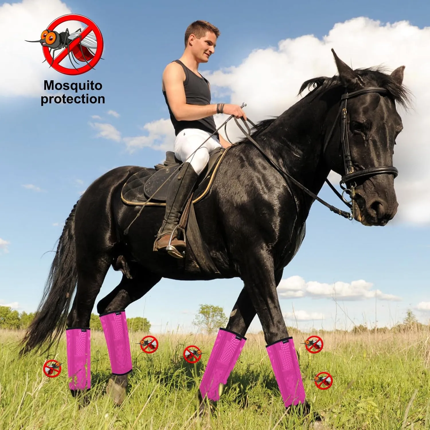 Horse Fly Boots, Breathable Mesh Protection Set of 4, Comfortable Horse Leggings, Breathable Mesh Design, Equine Supplies for Reduce Stomping, Hoof Damage & Leg Fatigue (Rose Red, Large)