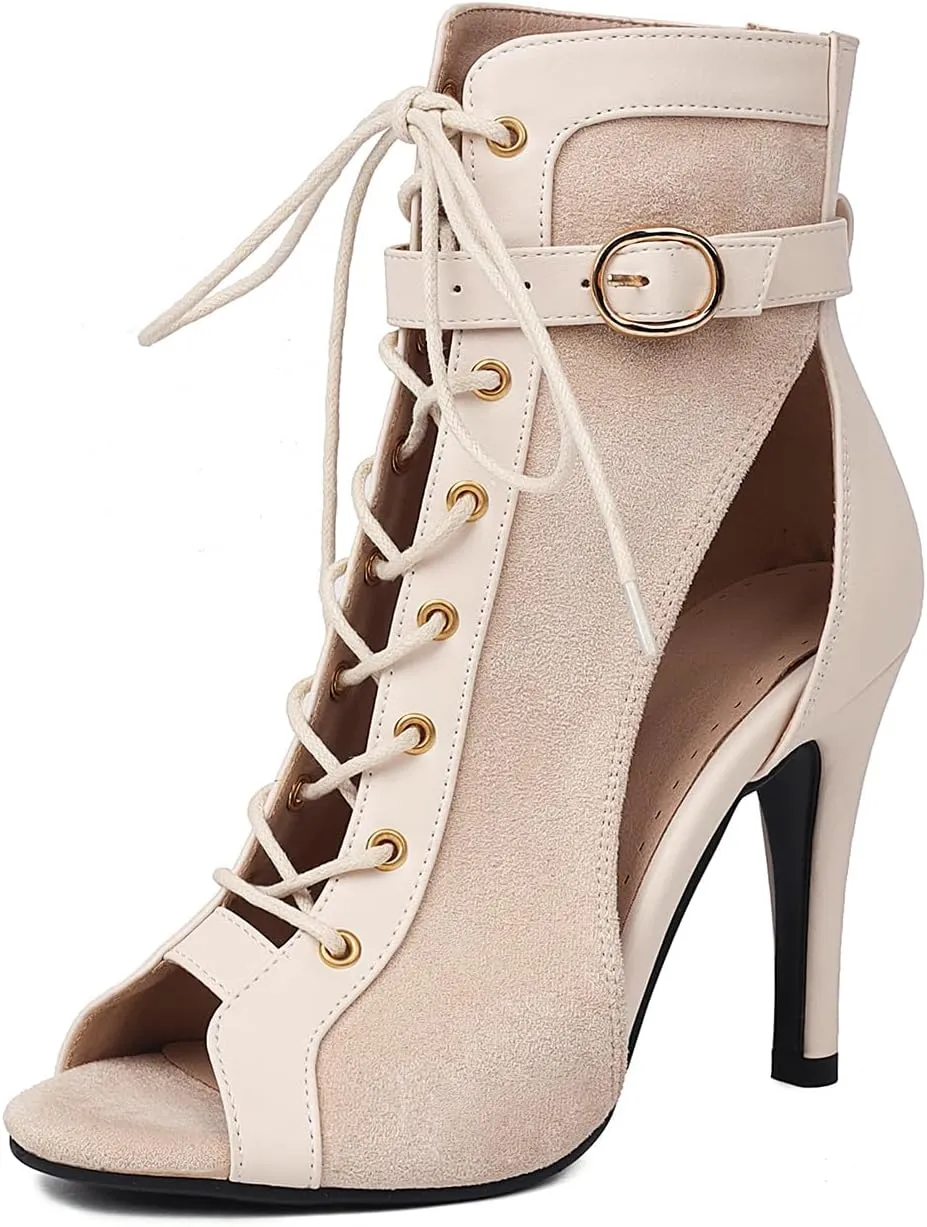 HROYL Women Open Toe Dance Ankle Boots Lace up Classic Gladiator Summer Booties,DS-J78