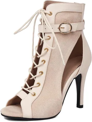 HROYL Women Open Toe Dance Ankle Boots Lace up Classic Gladiator Summer Booties,DS-J78