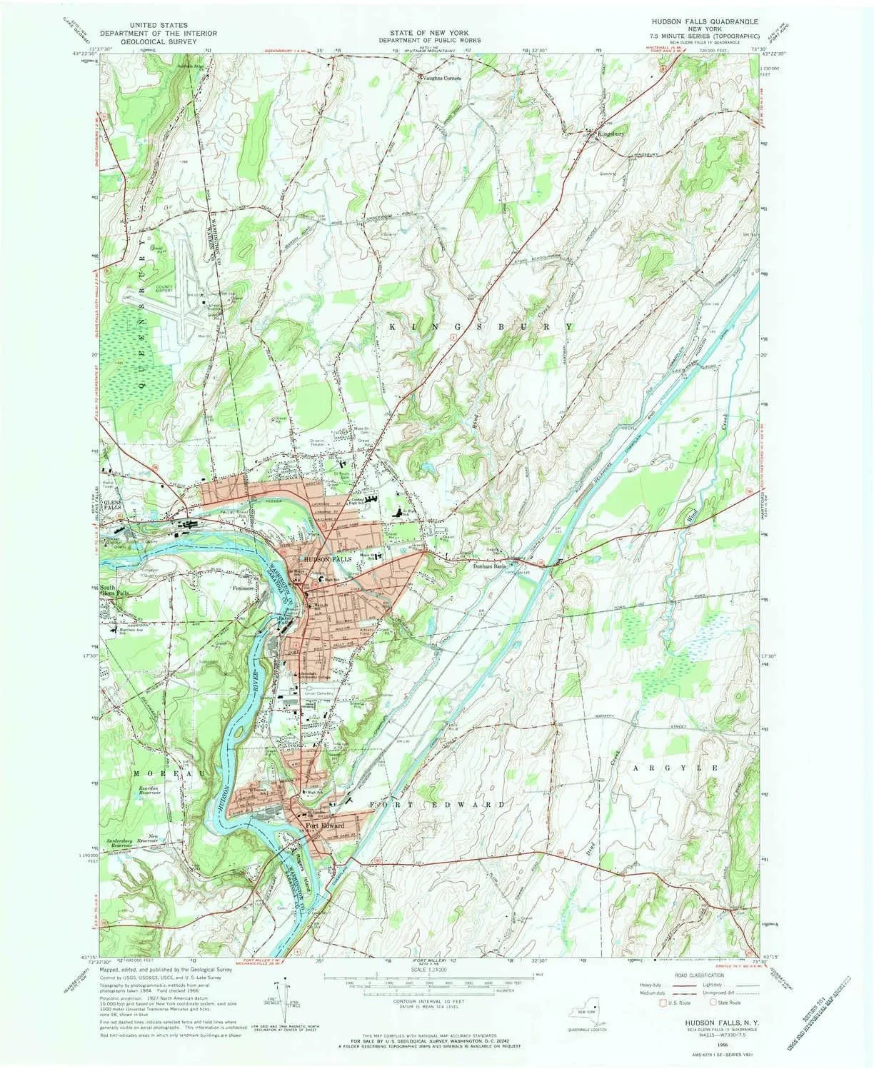 Hudson Falls NY topo map, 1:24000 Scale, 7.5 X 7.5 Minute, Historical, 1966, Updated 1984, 26.9 x 22 in