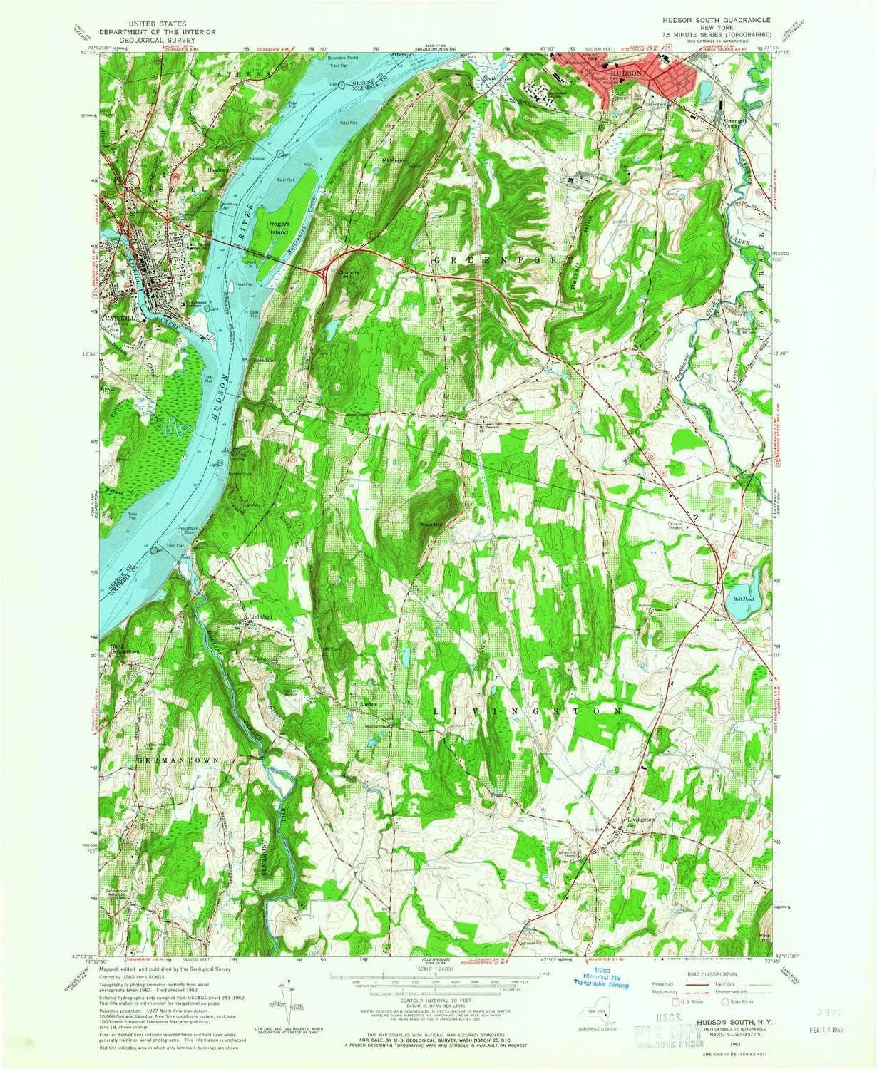Hudson South NY topo map, 1:24000 Scale, 7.5 X 7.5 Minute, Historical, 1963, Updated 1965, 26.9 x 22 in