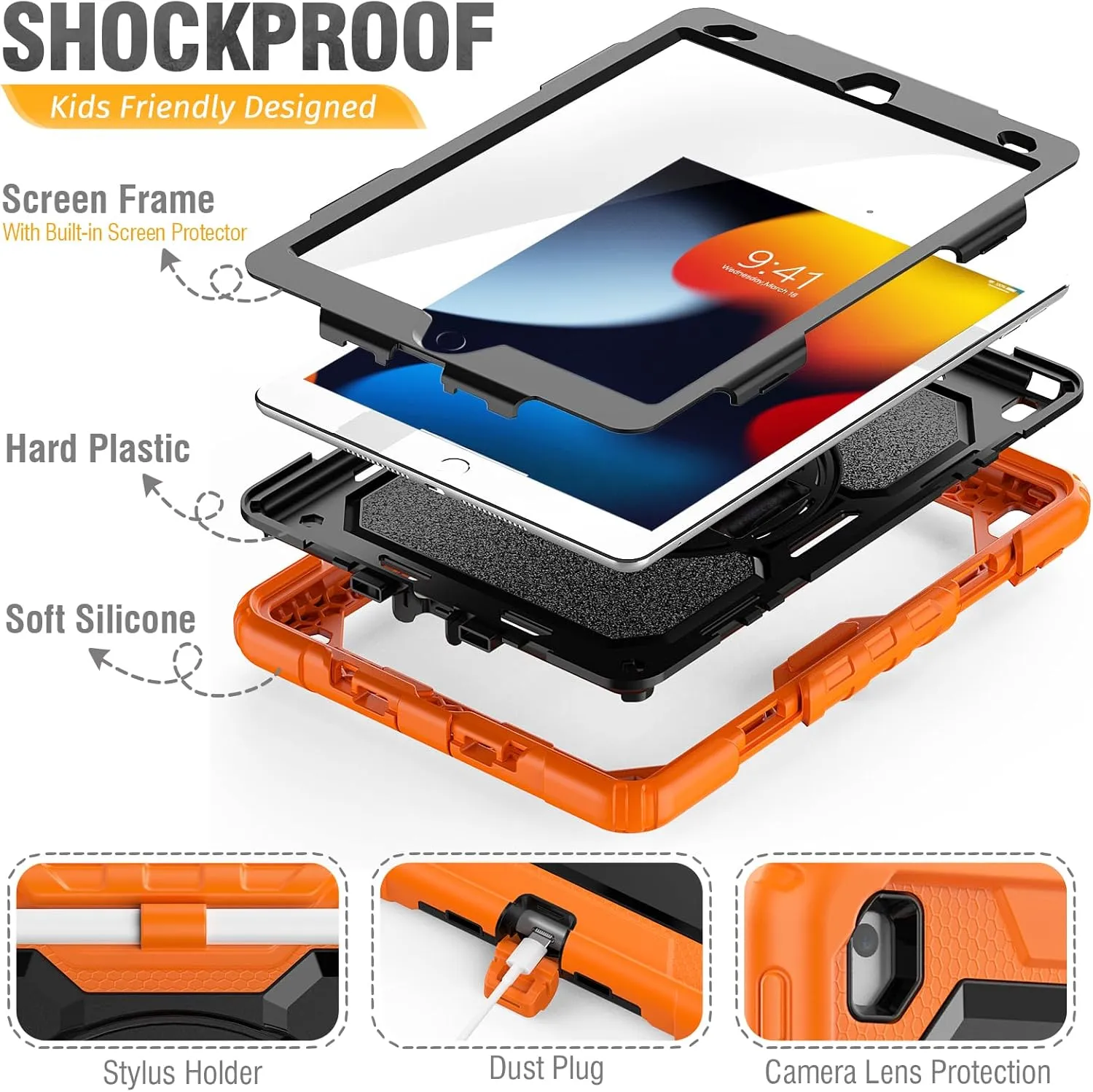 HXCASEAC Case for iPad 9th/8th/7th Generation 10.2 inch, with Pencil Holder, Screen Protector, Hand Strap, Heavy Duty Protective for iPad 9/8/7 Case 10.2-inch 2021/2020/2019, Black