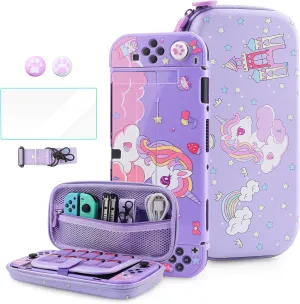 HYPERCASE Cute Carrying Case Set for Nintendo Switch OLED, with Purple Switch Travel Bag of Unicorn, PC Switch OLED Protective Cover Skin, Screen Protector, Shoulder Strap & Thumb Caps