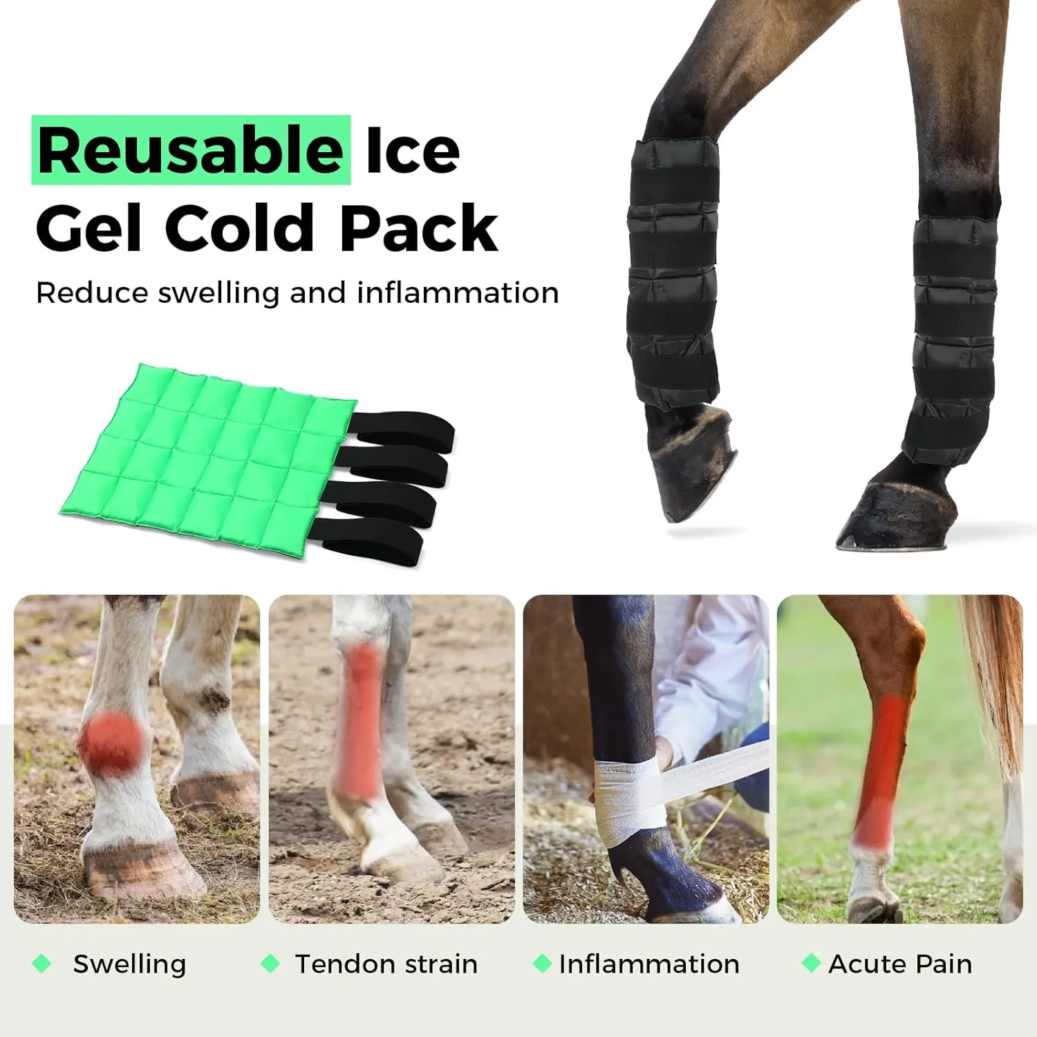 Ice Boots for Horses with Reusable Gel Pads, 2/4-Pack Adjustable Hook & Loop Cooling Horse Ice Boots for Equine Injury Pain Relief & Inflammation, Leg Wraps for Hock, Knee, Ankle, Hooves