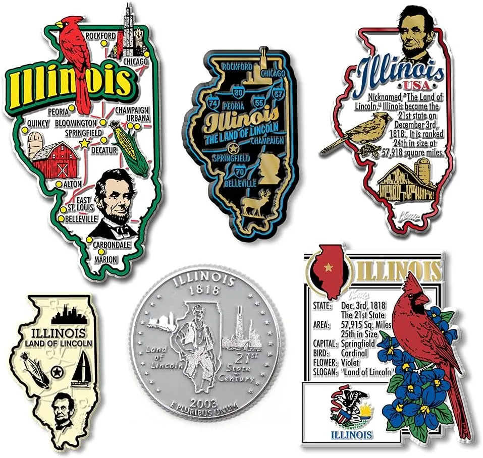 Illinois Six-Piece State Magnet Set by Classic Magnets, Includes 6 Unique Designs, Collectible Souvenirs Made in The USA
