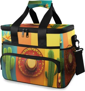 Insulated Cooler Bag 24 Cans Large Capacity Lunch Box-Cactus Mexico Print Leak Proof with Shoulder Strap for Camping Picnic
