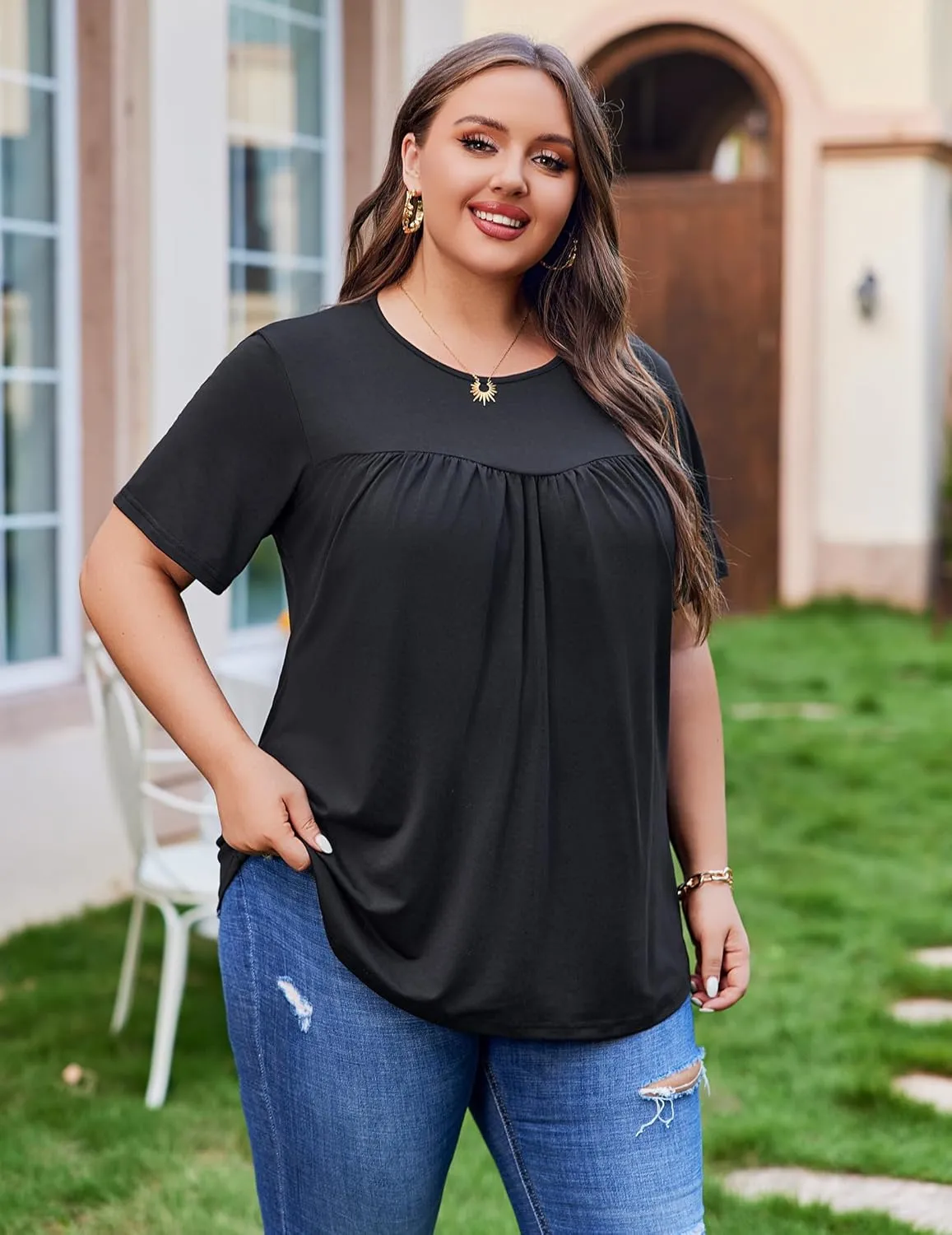 IN'VOLAND Womens Plus Size Tops Short Sleeve Tunic Crew Neck Shirts Summer Casual Loose Blouse 1X-5X