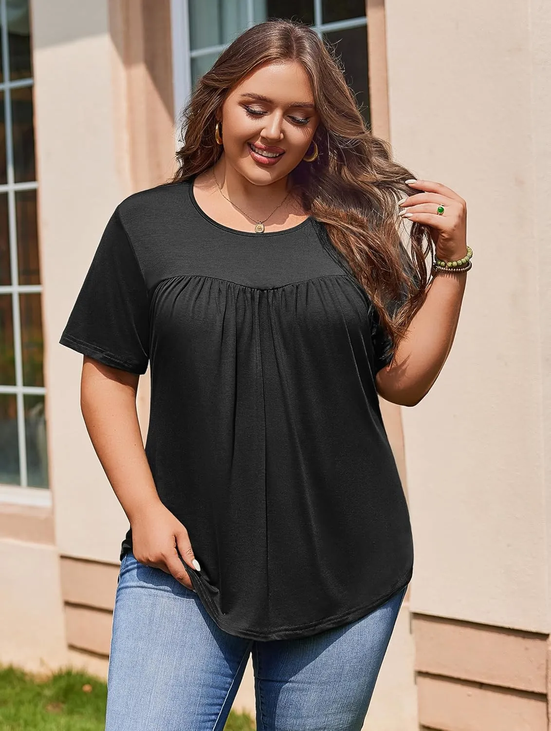 IN'VOLAND Womens Plus Size Tops Short Sleeve Tunic Crew Neck Shirts Summer Casual Loose Blouse 1X-5X