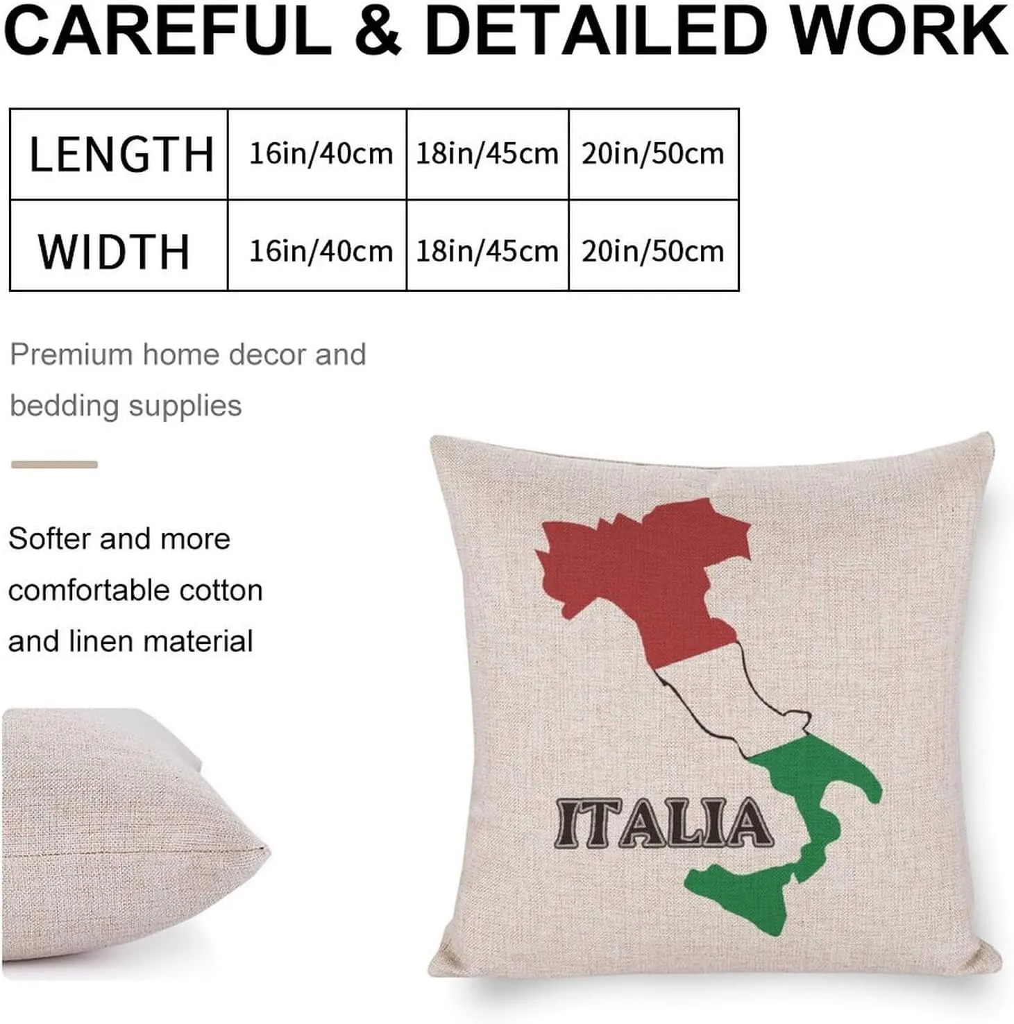 Italy Flag Map Cotton and Linen Pillow Case Pattern Print Pillow Cover Zippered Cushion Covers for Sofa Bed 16"x16"