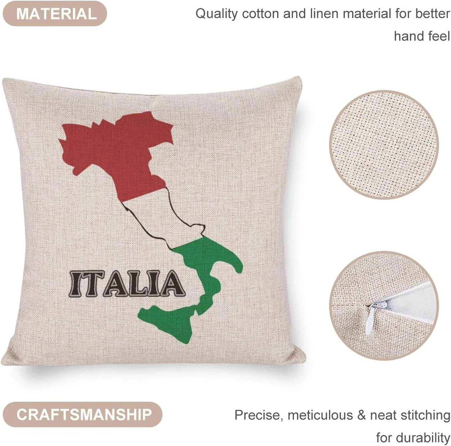 Italy Flag Map Cotton and Linen Pillow Case Pattern Print Pillow Cover Zippered Cushion Covers for Sofa Bed 16"x16"