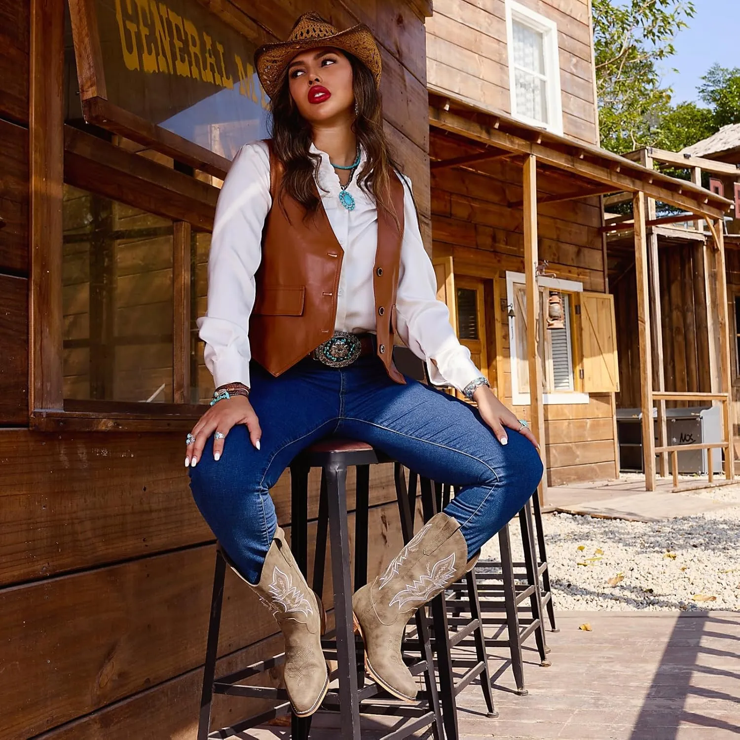 IUV Cowboy Boots For Women Western Boots Cowgirl Boots Pull On Pointy Toe Mid Calf Boots
