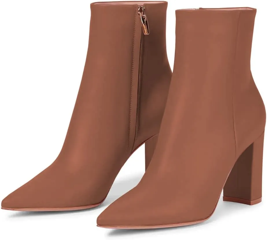 JANSEVEN Women's Heeled Ankle Boots Chunky Block High Heel Booties Pointed Toe Comfortable Sexy Classic Short Boots