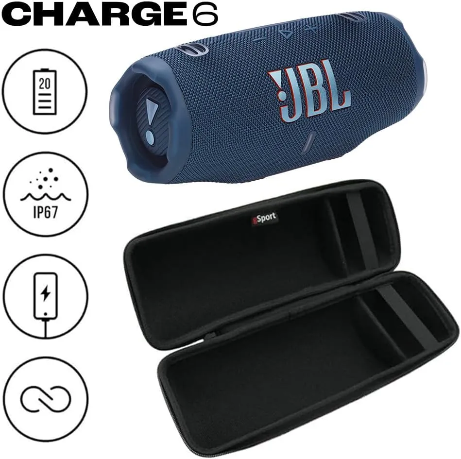 JBL Charge 6 Waterproof Portable Speaker Bundle with gSport Carbon Fiber Case (Blue)