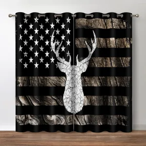 Jekeno Rustic Deer Blackout Curtains, Farmhouse Moose US Flag Country Decor, Vintage Cabin Primitive Rural Theme Grommet Window Drapes for Bedroom Living Room, 52 Wide 84 Long Inches 2 Panel Set