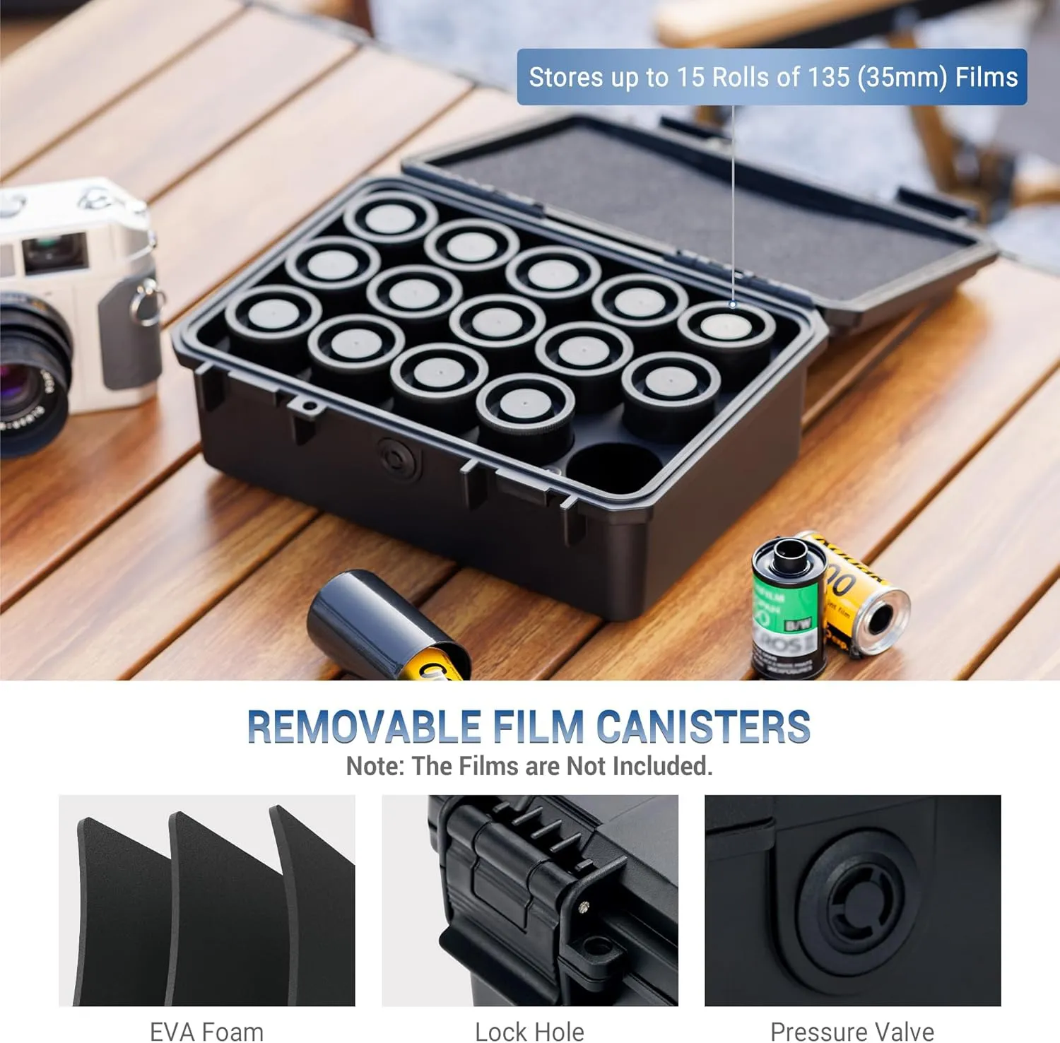 JJC Heavy Duty 35mm Film Case for 15 Rolls of 35mm Films, IP67 Waterproof and Light-Sealed 135 Film Container with Free Canister (No Film Rolls Included)