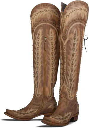 JORISTIMO Women's Sexy Over the Knee High Shaft Western Cowboy Drawstring Boot Embroider Solid Rivet Embellished Pointed Toe Chunky Heel Rounded Collar Zipper Closure Bronze 8