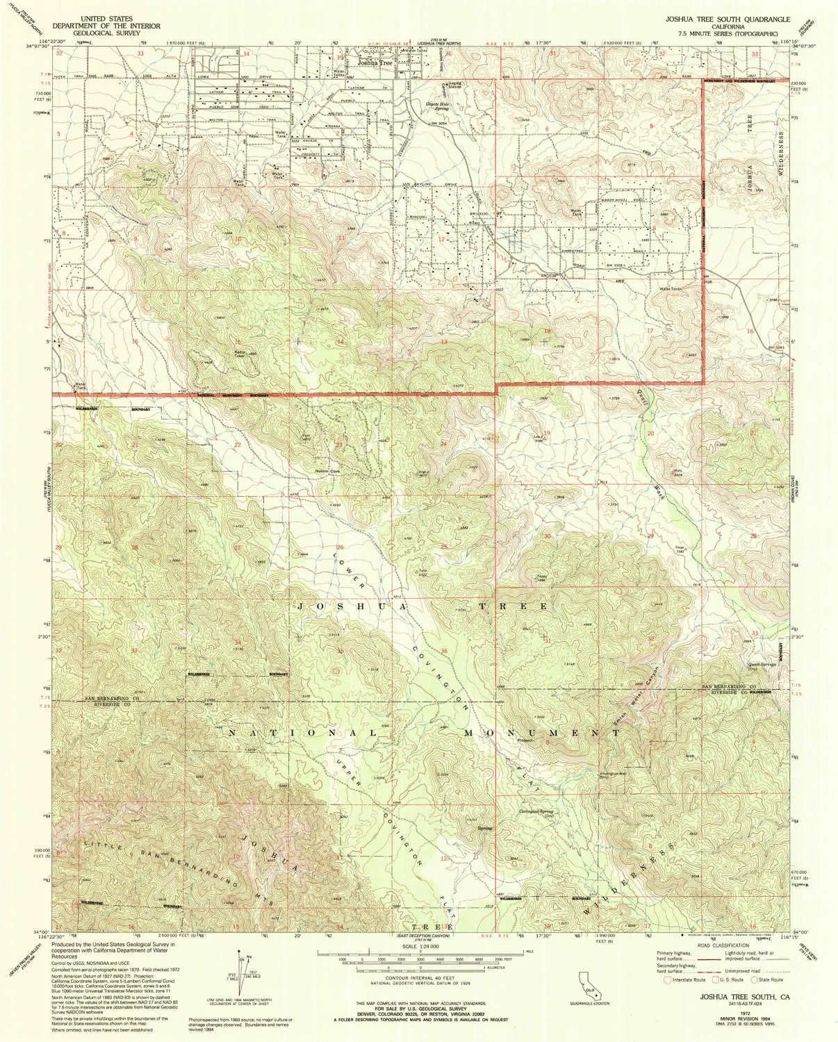 Joshua Tree South CA topo map, 1:24000 Scale, 7.5 X 7.5 Minute, Historical, 1972, Updated 1994, 26.7 x 21.5 in