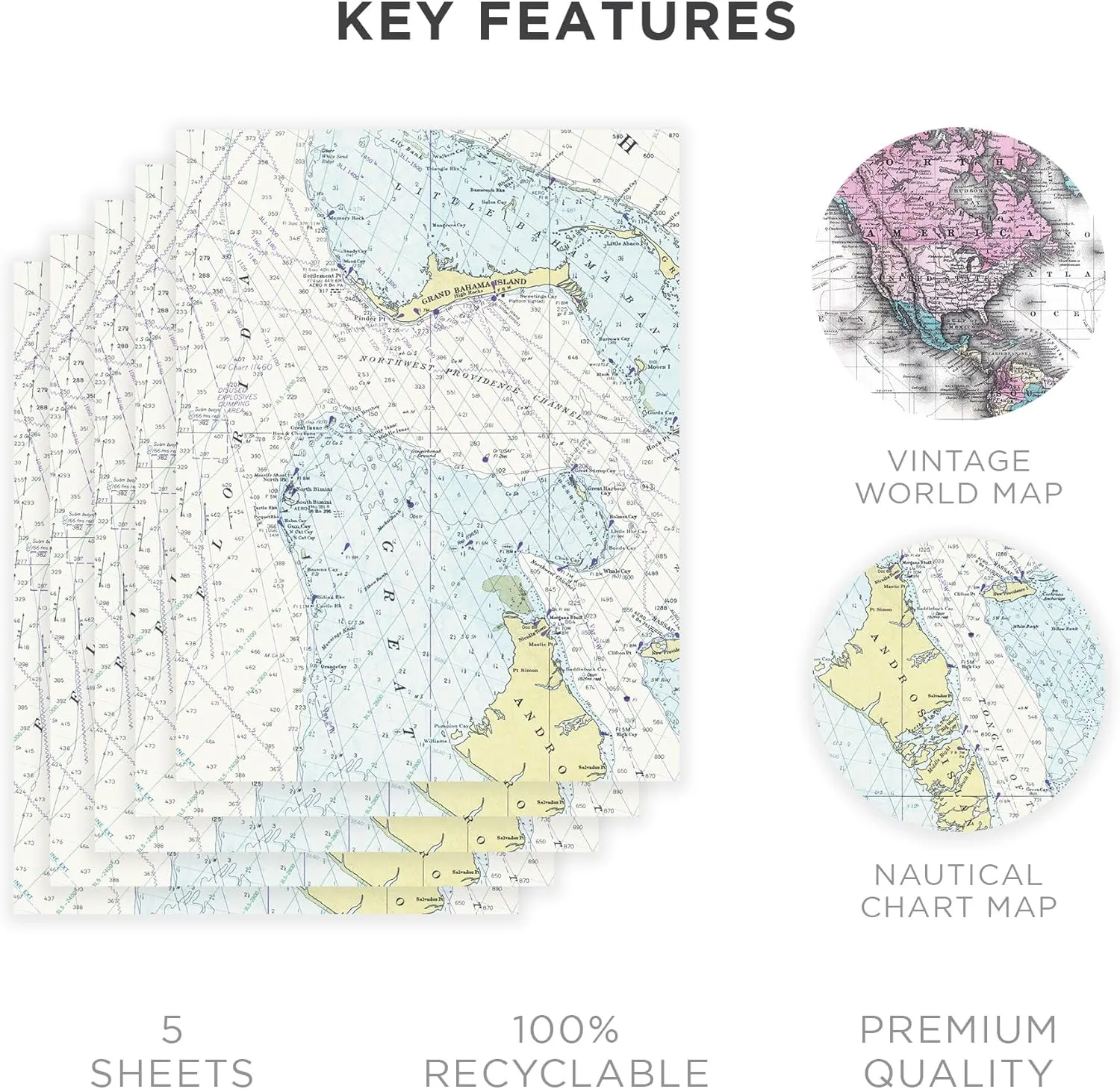 Journo Nautical Wrapping Paper Sheets – Travel Gift Wrap with Map Chart Design, 5 Premium Gift Wrap Sheets, Durable Nautical Map Wrapping Paper for Birthdays & Holidays, 28 x 20 Inches