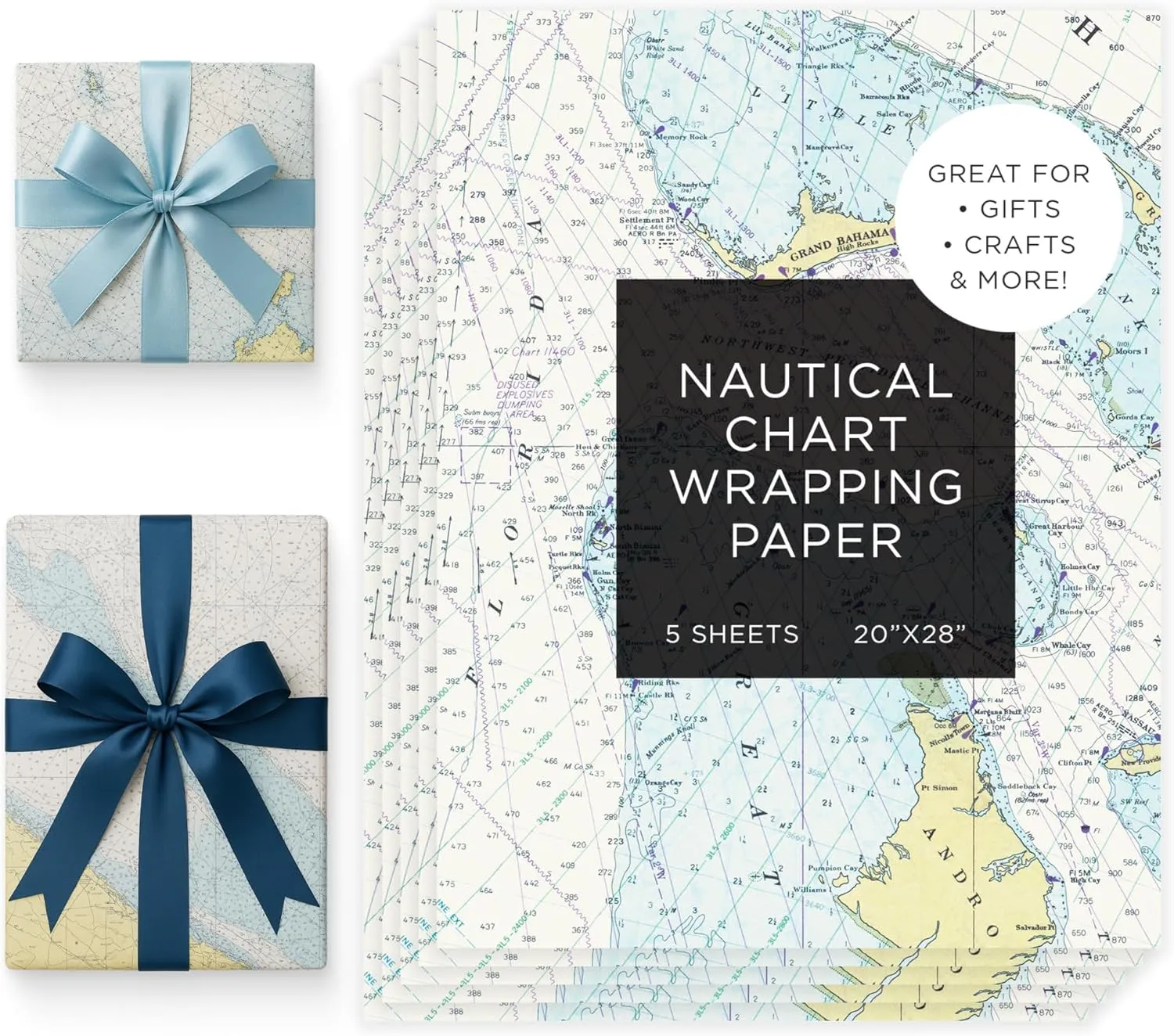 Journo Nautical Wrapping Paper Sheets – Travel Gift Wrap with Map Chart Design, 5 Premium Gift Wrap Sheets, Durable Nautical Map Wrapping Paper for Birthdays & Holidays, 28 x 20 Inches