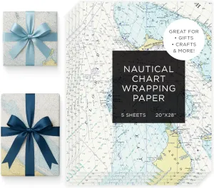 Journo Nautical Wrapping Paper Sheets – Travel Gift Wrap with Map Chart Design, 5 Premium Gift Wrap Sheets, Durable Nautical Map Wrapping Paper for Birthdays & Holidays, 28 x 20 Inches