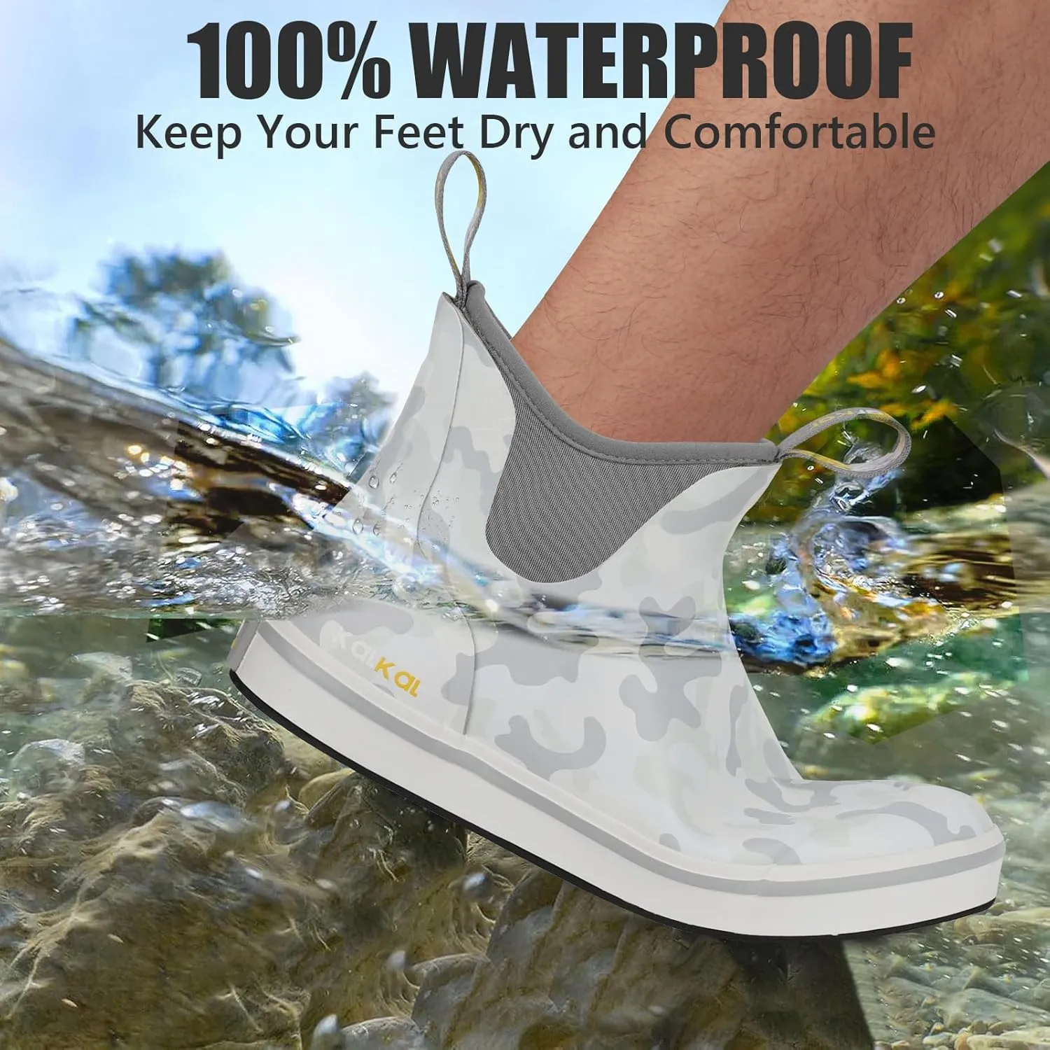 Kalkal Men's Deck Boots Anti-Slip Saltwater Fishing Rain Boots with Memory Foam, Waterproof Rubber Ankle Work Boots for Sailing (Size 7-14)