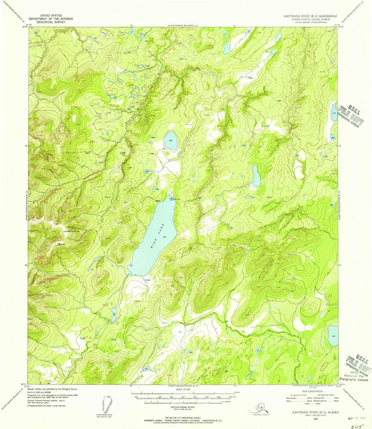 Kantishna River B 3 AK topo map, 1:63360 Scale, 15 X 15 Minute, Historical, 1953, Updated 1956, 20.8 x 18 in