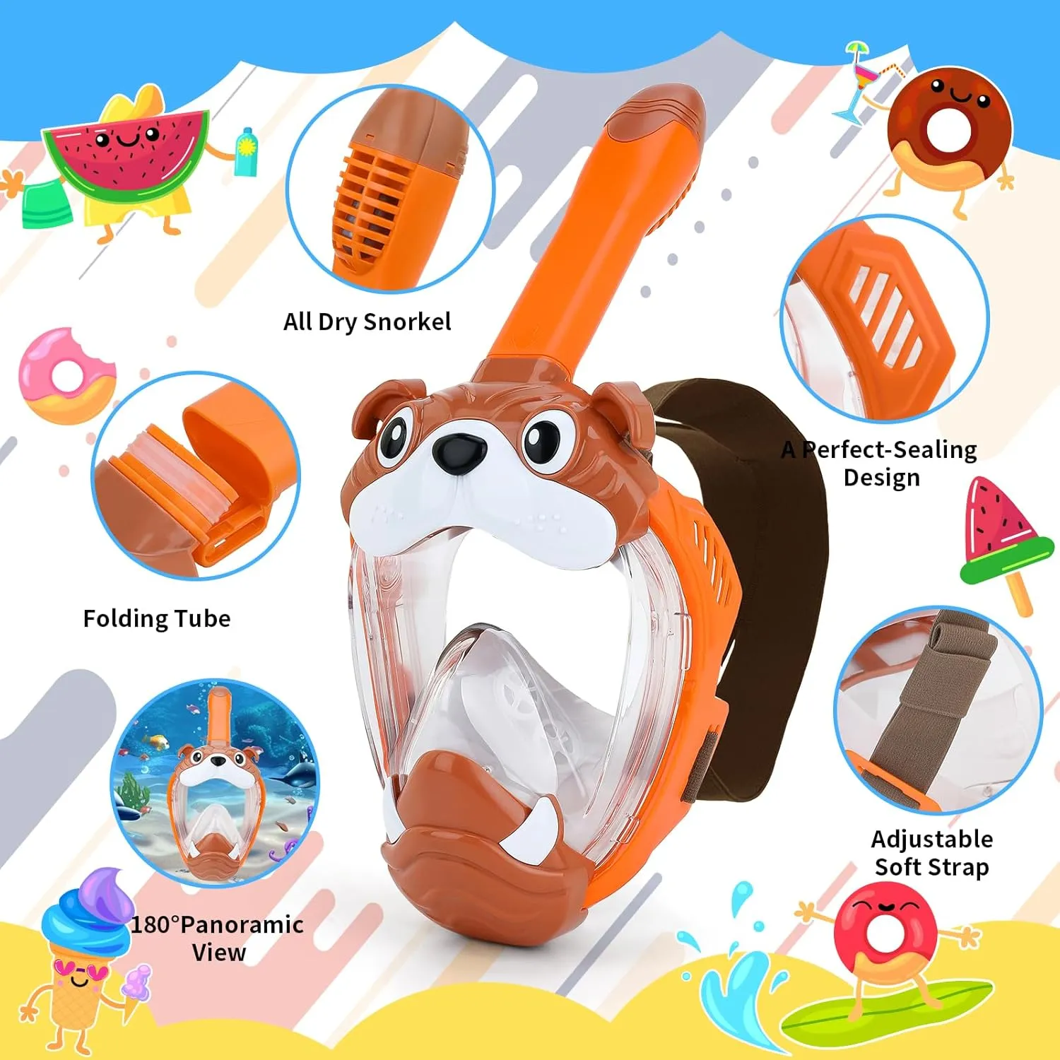 Kids Full Face Snorkel Mask, Snorkeling Gear for Kid, 180° Panoramic View Snorkeling Mask with Adjustable Elastic Fabric Straps - Anti-Fog & Anti-Leak - Portable Mesh Bag