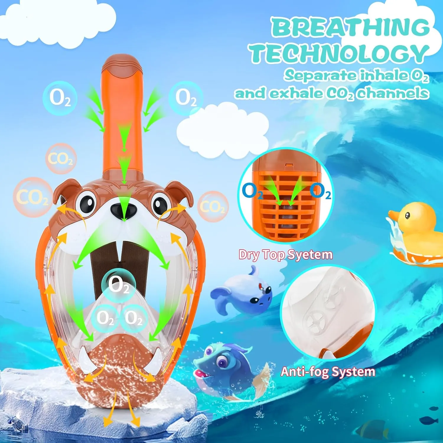 Kids Full Face Snorkel Mask, Snorkeling Gear for Kid, 180° Panoramic View Snorkeling Mask with Adjustable Elastic Fabric Straps - Anti-Fog & Anti-Leak - Portable Mesh Bag