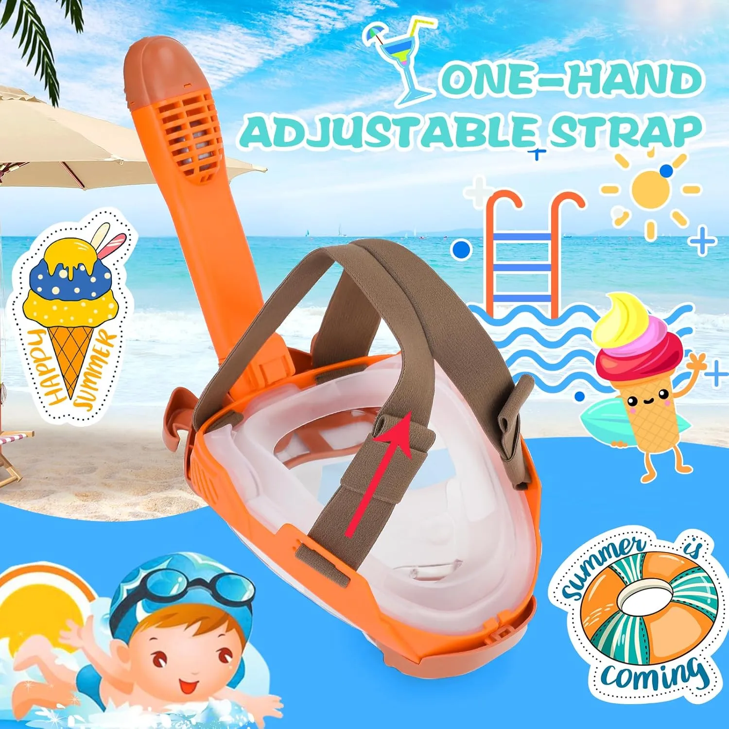 Kids Full Face Snorkel Mask, Snorkeling Gear for Kid, 180° Panoramic View Snorkeling Mask with Adjustable Elastic Fabric Straps - Anti-Fog & Anti-Leak - Portable Mesh Bag